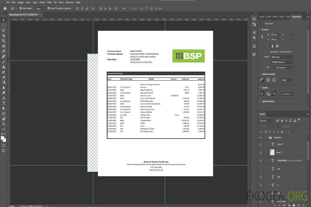 Relevé bancaire BSP de Papouasie-Nouvelle-Guinée xls template